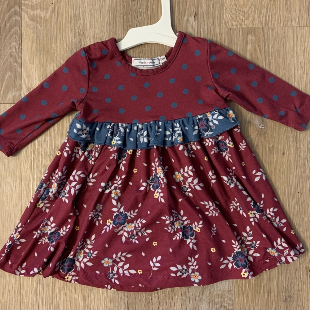 Little Millie Girls Size 3Months Burgundy & Blue Adorable Long Sleeve Dress